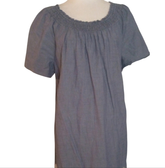 Talbots Floral Embroidered Blue Chambray Smocked Neckline Cotton Dress Size 14 - Picture 2 of 9